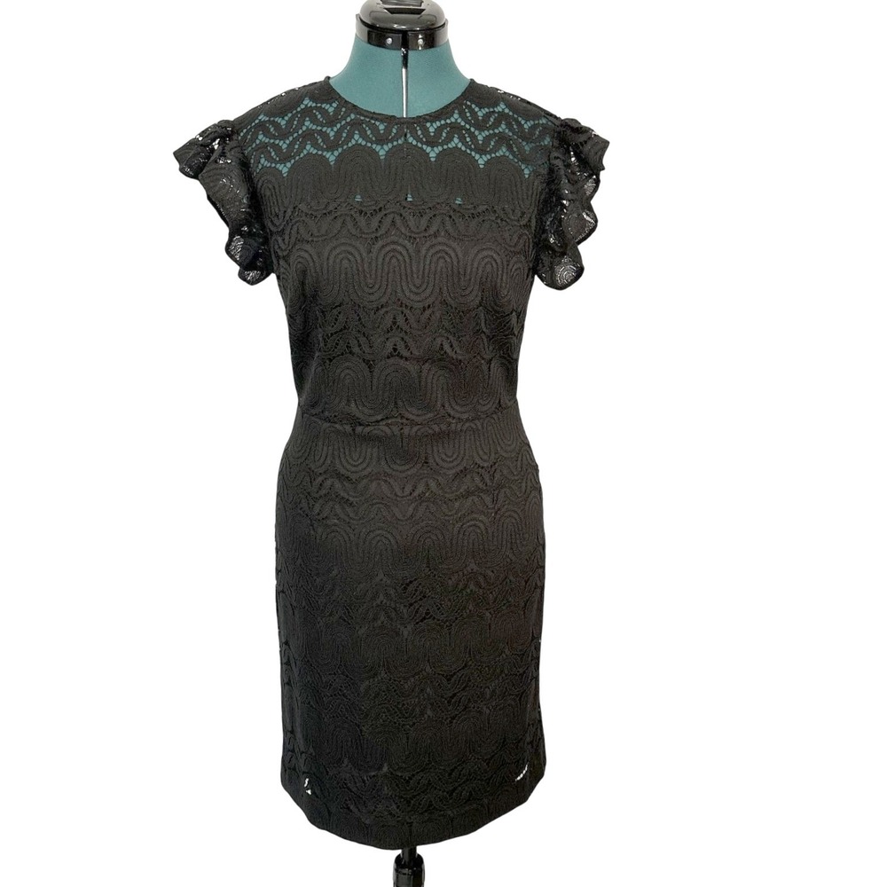 Trina Turk Sheath Dress Ruffle Cap Sleeve 4 Black‎ Wavy Lace Cocktail LBD
